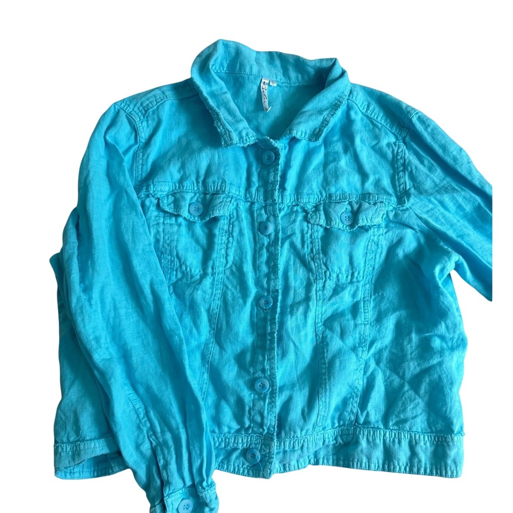 Lulu-B Women Turquoise Blue 100% Linen Button Up Trucker Jacket Size L
